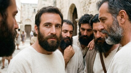 Fototapeta premium Apostles Paul and Barnabas preaching the gospel and ordaining elders in the early church. Biblical scene from Acts of the Apostles, establishing faith and mission leadership. Christian art.
