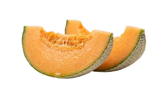 Fresh cantaloupe melon slices, ripe orange muskmelon wedges with textured green skin, sweet organic fruit for healthy snacking and summer desserts isolated PNG with Transparent Background