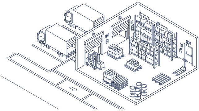 Small warehouse interior with trucks forklift and storage equipment.