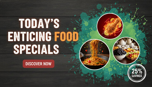 Ad for food specials featuring fried chicken, noodles, and fruit salad, with a 25% savings offer, perfect for restaurant promotion