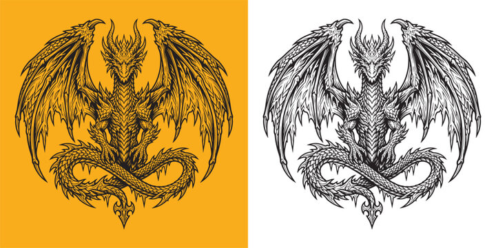 Majestic Dragon Illustration in Intricate Line Art Style