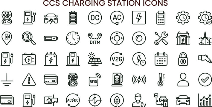 CCS charging station line icon set for electric vehicle dashboard ui smart energy monitoring and infrastructure management