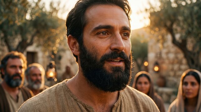 Apostle Paul preaching the gospel to a group of disciples in an ancient village. Biblical historical reenactment of early church ministry and faith. Religious scene in sunlight.
