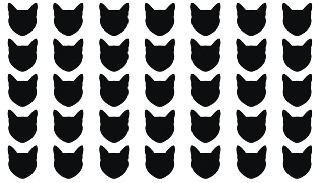 Cat heads appear in a repeating series of dark silhouettes displayed against a clean white background for use in modern graphic layouts or minimalist pattern design projects requiring uniform icons.