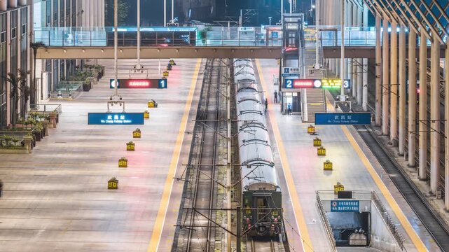 Time-lapse of passenger flow and trains arriving departing at Wuchang Railway Station platform, Wuhan, China