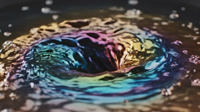 Colorful abstract liquid swirl, iridescent fluid creates metallic sheen. Dynamic rainbow spectrum from water and oil motion splash, forming captivating vortex. Intricate patterns evoke wonder