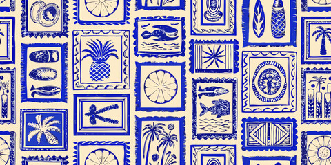 Tropical botanical pattern in blue monochrome seamless repeating design © Asish