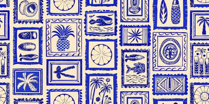 Tropical botanical pattern in blue monochrome seamless repeating design