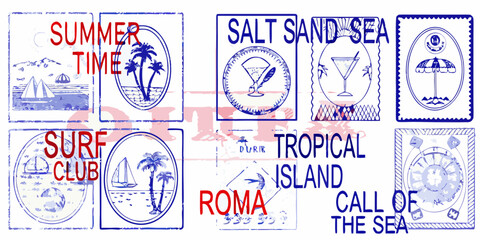 Vintage travel postmarks and stamps with tropical and nautical themes © Asish