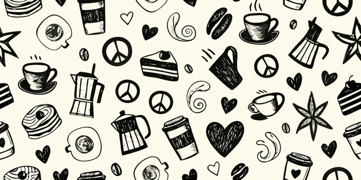 Coffee culture pattern sketchy monochrome illustration with cafe elements