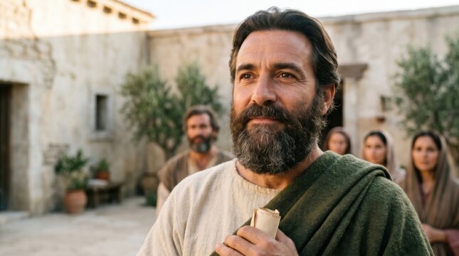 Apostle Paul holding a scroll while preaching to disciples in a village. Biblical scene depicting the travel of the missionary through Lystra and Iconium. Christian faith and history.