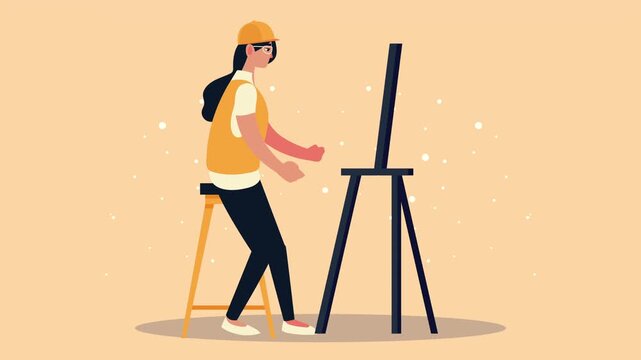 Flat animation of female architect working with digital design board in modern studio environment.