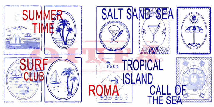 Vintage travel postmarks and stamps with tropical and nautical themes