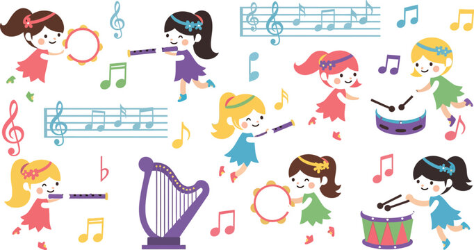 Children playing musical instruments in colorful whimsical illustrations with music notes and sheets