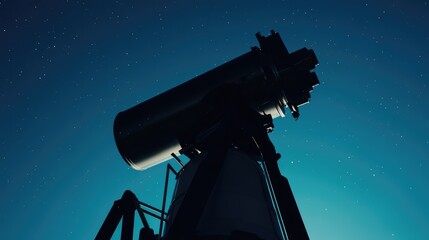Fototapeta premium Large observatory telescope silhouetted against a deep blue, star filled night sky, symbolizing scientific research, space exploration, and the wonder of discovery in astronomy