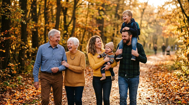 A joyful multi-generational family walking through a golden autumn forest path