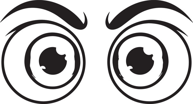 Bold monochromatic graphic design featuring a pair of wide open, stylized eyes with arched eyebrows, perfectly capturing a sense of watchfulness and curiosity or surprise