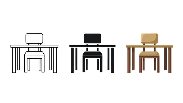 Vector office desk icons with computer and chair set - Line and glyph solid icon and logo template - Clipart, sticker - icon set