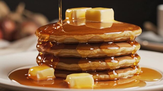 Golden pancake stack, generously covered with flowing maple syrup. Melting butter atop delicious sweet breakfast offering, creating an indulgent dessert experience on plate