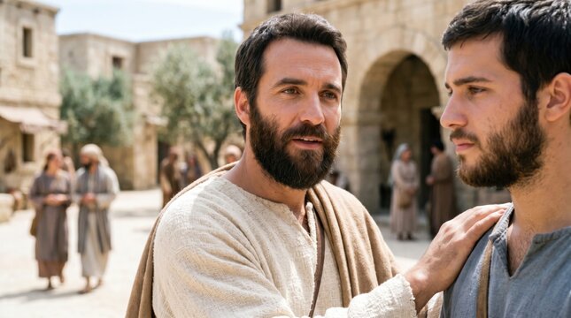 Apostle Paul and Barnabas encouraging disciples in city. Biblical scene of preachers teaching faith and kingdom of God. Ancient historical reenactment of early church mission travel.