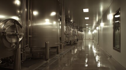 Obraz premium Modern beverage processing plant featuring rows of stainless steel fermentation vats and intricate pipe systems in a clean, brightly lit industrial cellar with a reflective floor