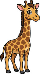 Obraz premium A charming cartoon giraffe character stands tall with a friendly smile, showcasing its unique spotted pattern and expressive eyes, ideal for delightful children's content and educational animal themes