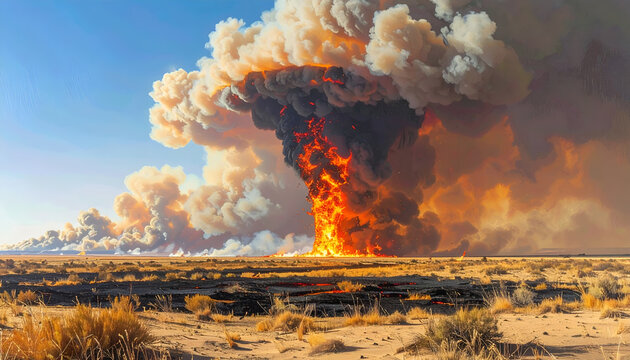 Massive Wildfire Erupts in Arid Landscape Under Clear Blue Sky.