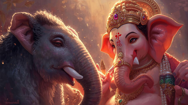 Lord Ganesha with elephant companion in glowing spiritual scene for Hindu festival celebration and devotional artwork
