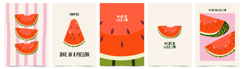 Summer watermelon poster set with hand drawn fruit illustrations. Vibrant tropical cards. Fresh food wall art for print and home decor. Vector illustration © Svitla