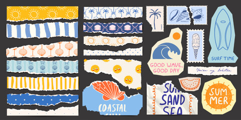 Naklejka premium Summer scrapbook elements set with torn paper strips, vintage beach stickers, seashells, sun, palm, surfboard. Coastal collage kit for scrapbooking, cards, posters, social media design