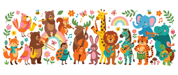 Obraz premium Set of cute wild animals performing music with colorful musical instruments.