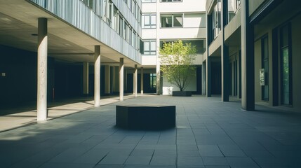 Naklejka premium Urban building architecture creating a clean courtyard space with concrete columns, long shadows, a small tree, and geometric patterns on the ground under sunlight