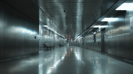 Fototapeta premium Empty underground corridor with reflective floor and overhead lights, minimalist modern subway station evoking solitude, transit, direction and futuristic urban travel