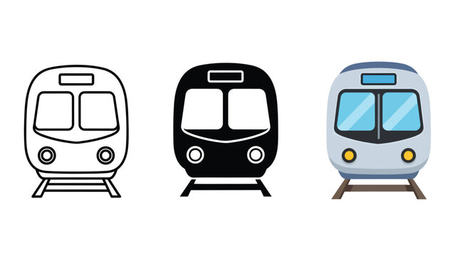 Set of three vector subway train icons in flat style - Line and glyph solid icon and logo template - Clipart, sticker - icon set