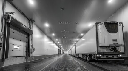 Fototapeta premium Refrigerator trucks preparing for loading and unloading operations within a bright, long industrial warehouse passage, highlighting efficient cold chain logistics and transport infrastructure