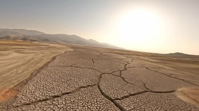 Arid cracked mud landscape with dry cracked earth and distant hills under a hazy sun, representing drought and desertification