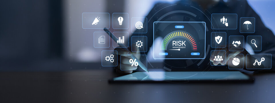Risk Management Dashboard with Interactive Digital Interface and Data Icons