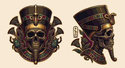 Fototapeta premium Ancient Egyptian Pharaoh Skull Illustrations with Ornate Headdress