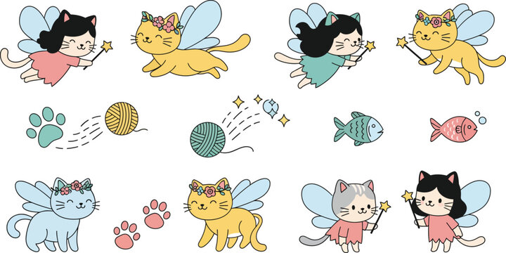 Whimsical illustration of children and cats with fairy wings in various playful poses