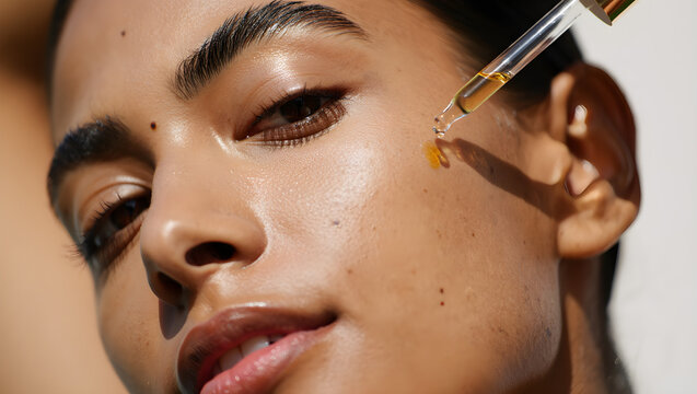 Woman applying facial serum on cheek with dropper