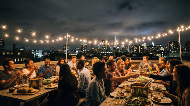 friends sharing rooftop dinner under string lights with city skyline during warm evening social gathering celebrating community connection urban lifestyle hospitality dining experience