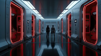 Fototapeta premium Two characters are standing in a sleek, dimly lit futuristic spaceship corridor, looking towards sealed red lit modules creating a powerful sense of exploration and advanced technology