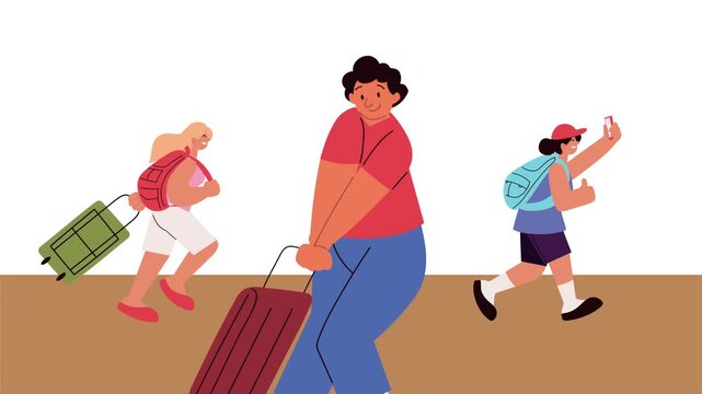 Group of travelers walking with suitcases and backpacks in airport terminal motion animation.