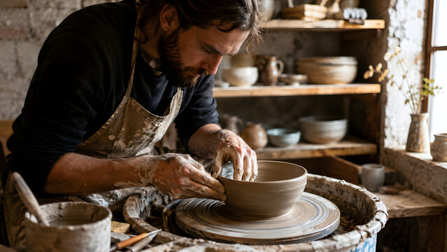 Artisan hands skillfully shaping wet clay on a pottery wheel, demonstrating deep focus and creative craftsmanship in a traditional, rustic studio setting