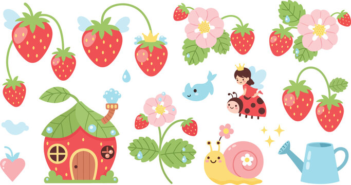 Whimsical strawberry scene with house ladybug rabbit and flowers