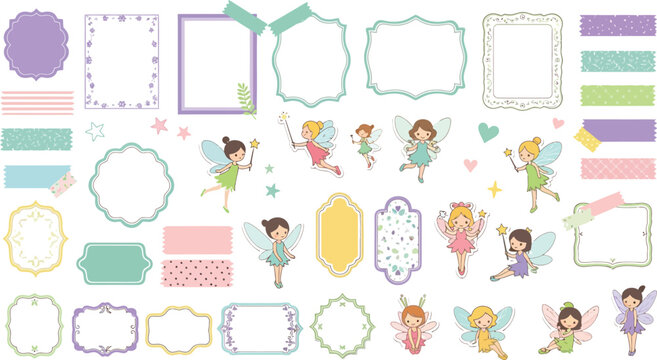 Colorful cartoon frames and illustrations of princesses and fairies for scrapbooking and design