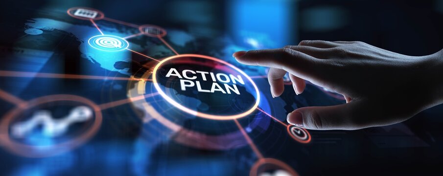 Action Plan Strategic Planning and Goal Setting, projection on a virtual screen, Business and Technology Concept.