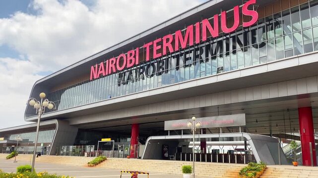 Nairobi, Kenya - 16th september, 2025: Nairobi Kenya Nairobi Terminus railway station exterior, modern glass facade and bold signage, Standard Gauge Railway SGR transport. Train Nairobi - Mombasa
