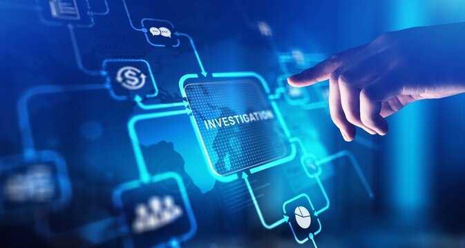 Investigation Analyzing and Uncovering Facts, projection on a virtual screen, Business and Technology Concept.