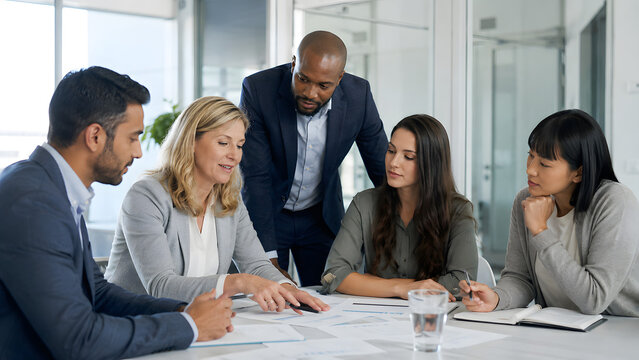 Diverse group of professionals collaborating around a conference table, discussing documents and sharing ideas in a modern office setting
